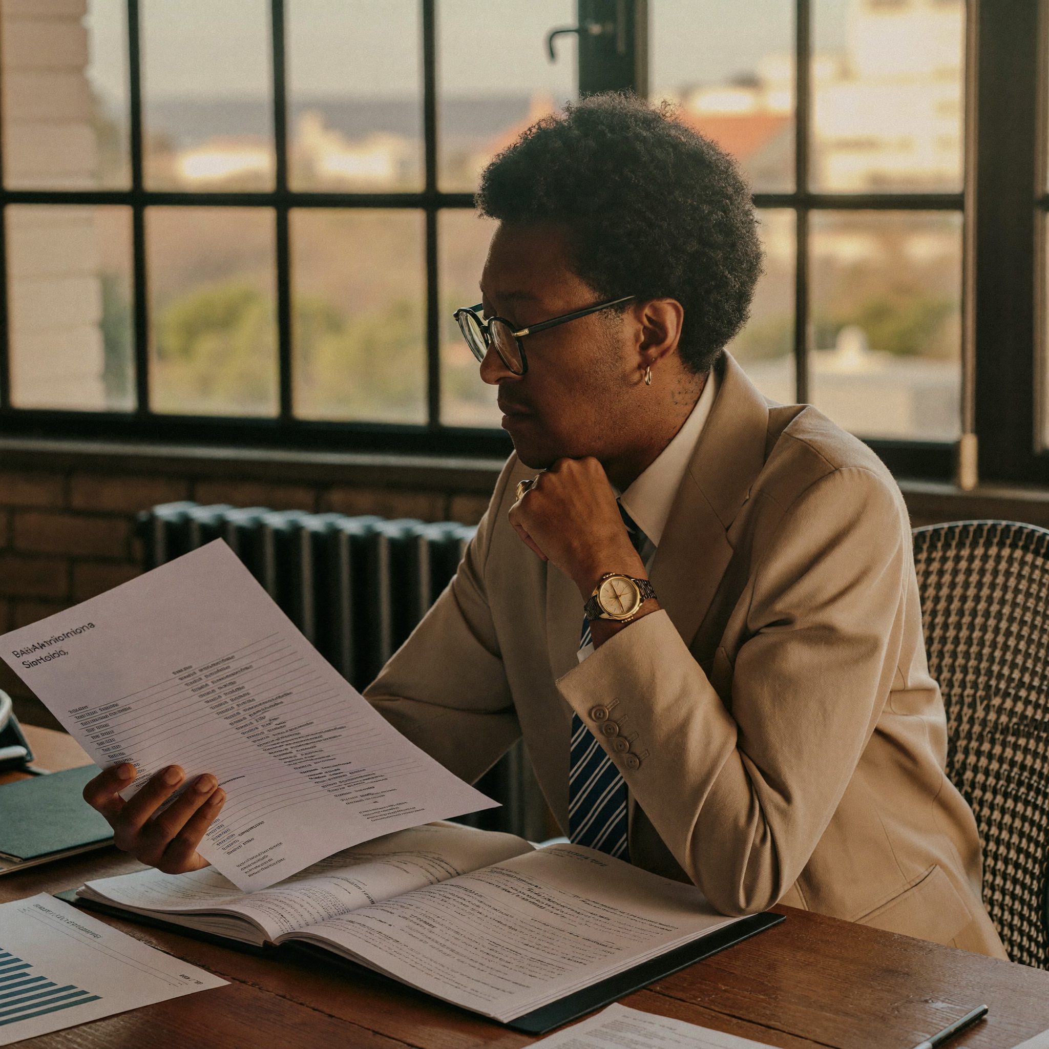 Consultant reviewing a financial report at a desk