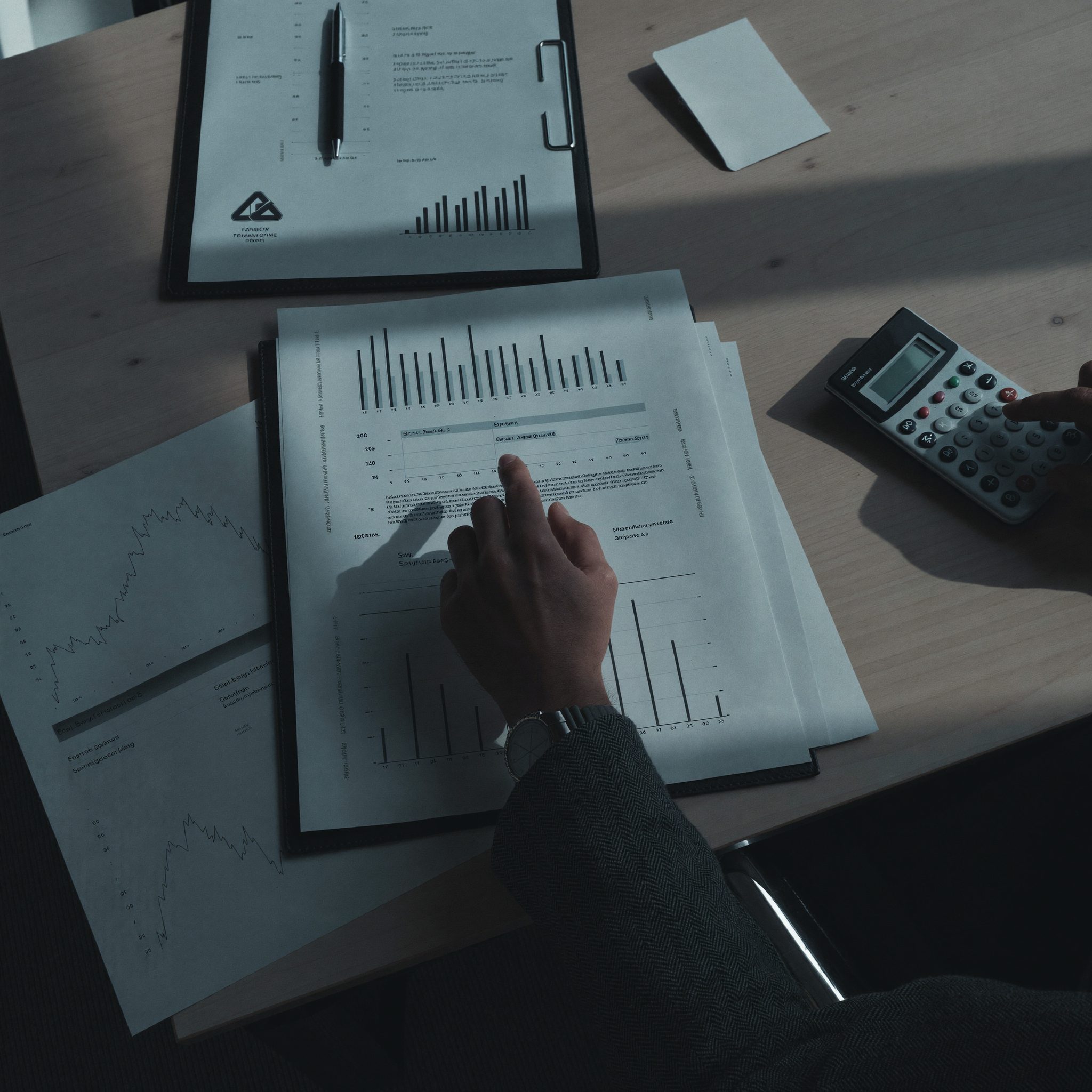 Desk covered with financial documents under analysis